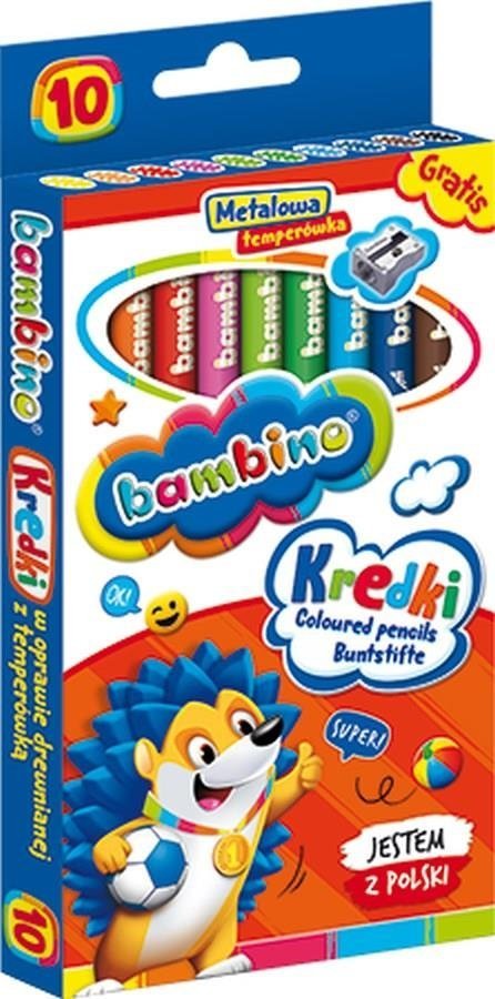 Kredki Drewniane Bambino 10 kolorów Szkolne ołówkowe + temperówka