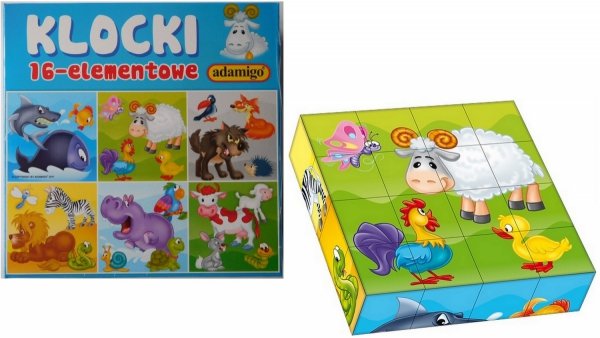 Klocki 16 elementowe Zwierzęta 6 układanekAdamigo