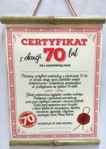 Dyplom bambus Certyfikat z Okazji 70 lat dla Pani