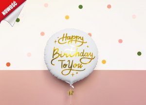 Balon okrągły foliowy biały Happy Birthday To You!