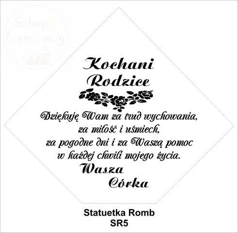 Statuetka romb z grawerem podziękowań dla rodziców