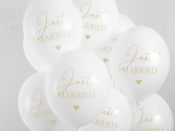 Balony białe 30 cm ze złotym napisem Just Married