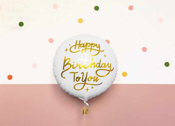 Balon okrągły foliowy biały Happy Birthday To You!