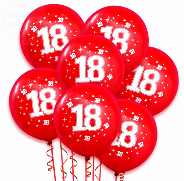 Balony czerwone z białym nadrukiem &quot;18&quot;