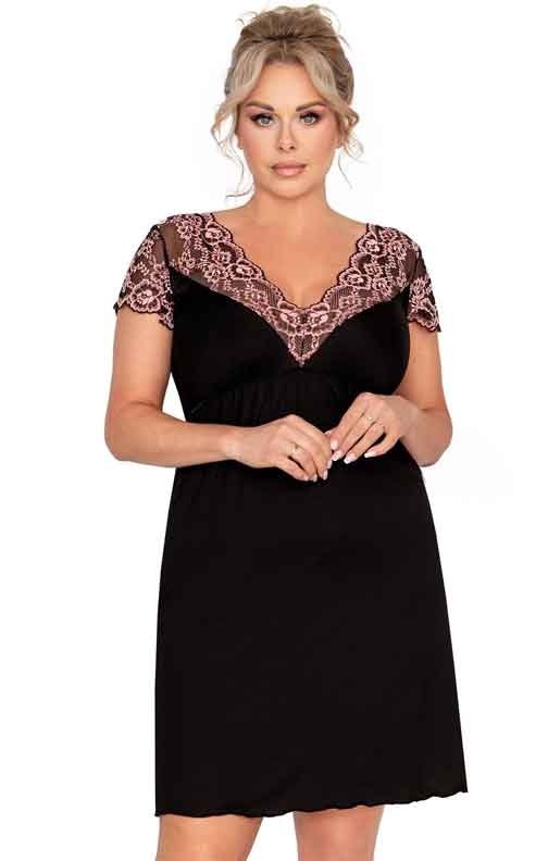 Czarna koszulka nocna Plus Size z różową koronką Donna Adele