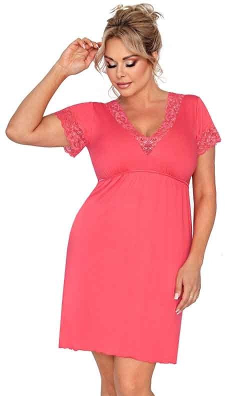 Koralowa koszula nocna z koronką z krótkim rękawem Donna Mariza Plus 3XL-6XL