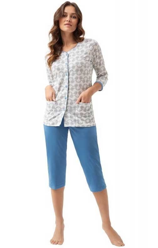 Niebieska piżama damska z rozpinaną koszulką Luna 668 4XL