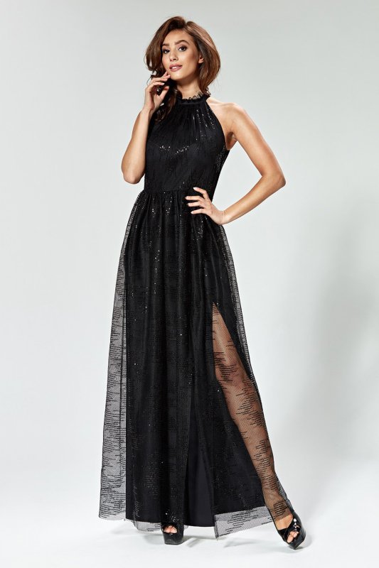 Sukienka maxi ze stójką z haftowanej siateczki 1812 Black - Marselini