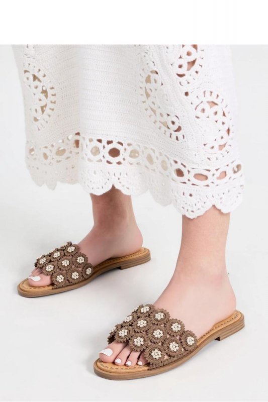 Sandał Klapki Model Elegance Kwiaty GQ8-057 Beige Khaki - Inello