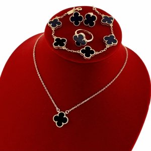 op67 Komplet złoty pozłacany 14k kolczyki, łańcuszek 45+5cm, bransoletka, pierścionek koniczyna marokańska