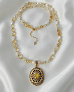 2062 Naszyjnik kamienie naturalne cytryn perły 60+5cm pozłacany 14k 