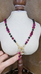 52L Naszyjnik naturalny kamień różowe tygrysie oko 47cm stal chirurgiczna 