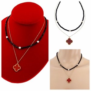 3432 Złoty łańcuszek naszyjnik podwójny 40-42+5cm stal chirurgiczna 316L nierdzewna celebrytka kryształki marokańska koniczyna