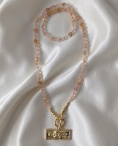 032e Złoty łańcuszek cytryn kamień naturalny 43cm stal chirurgiczna nierdzewna naszyjnik 