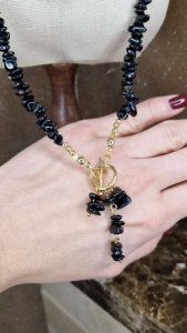 1736h Naszyjnik naturalny kamień turmalin 80cm stal chirurgiczna zapinany na patyczek