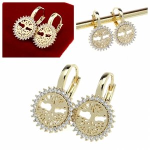 0170 Kolczyki złote pozłacane wiszące 14K cyrkonie drzewko szczęścia