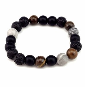 842L Bransoletka na gumce lawa wulkaniczna, tygrysie oko kamień naturalny