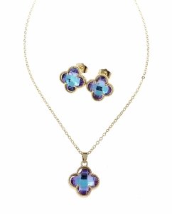 861 Komplet złoty pozłacany 14k kolczyki, łańcuszek 45+5cm koniczyna marokańska