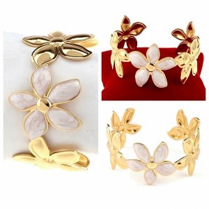 op73 Bransoletka złota 6cm stal chirurgiczna bangla 316L kwiatki