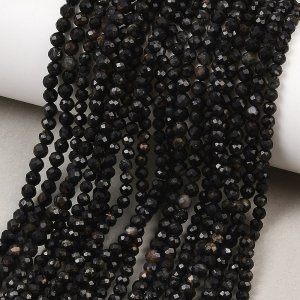 sz57 Turmalin naturalne pasma koralików z czarnego turmalinu, fasetowane, okrągłe, 3~3,8 mm, sznur 38 cm 