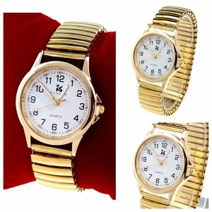 1625 Zegarek babciny złoty duże cyfry na gumce rozciągliwy Kurren 