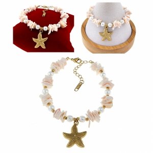 3755 Bransoletka złota 18+3 stal chirurgiczna 316L nierdzewna rozgwiazda lato plaża wakacje muszla perła