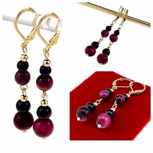 2500 Kolczyki złote różowe tygrysie oko turmalin kamień naturalny stal chirurgiczna wiszące 