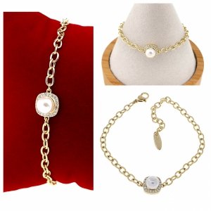 4247 Bransoletka elegancka złota cyrkonie 17+3 pozłacana 14k Xuping perła 