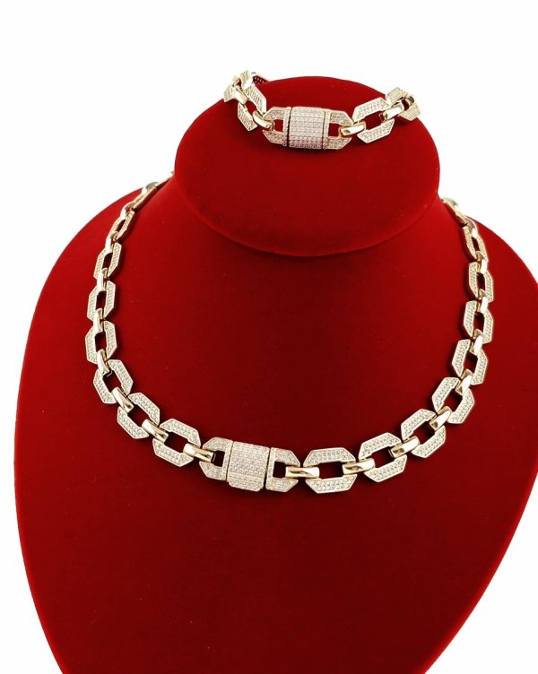 Golden complete bracelet chain set encrusted with zirconia, gilded 14k