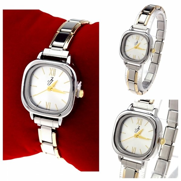 2760 Zegarek srebrno złoty modułowy stal nierdzewna na gumce rozciągliwy 