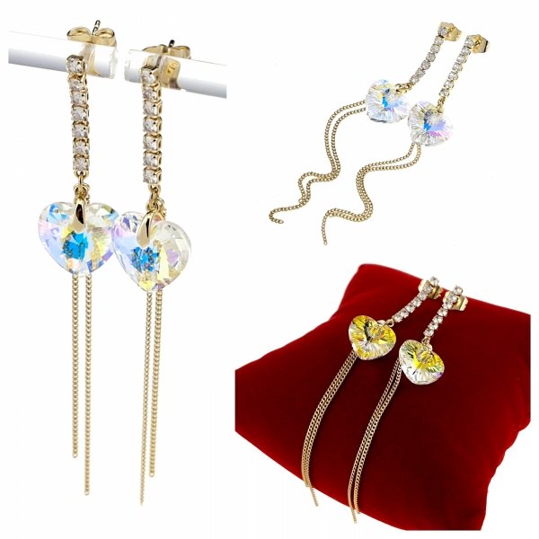 2122 Kolczyki złote pozłacane Austrian Crystal wiszące 14K cyrkonie Xuping serce