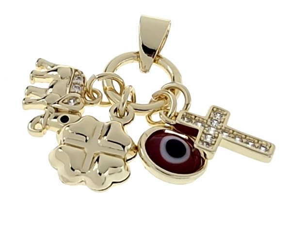 2020c Złota zawieszka błyszcząca pozłacana 14k słoń koniczyna krzyż