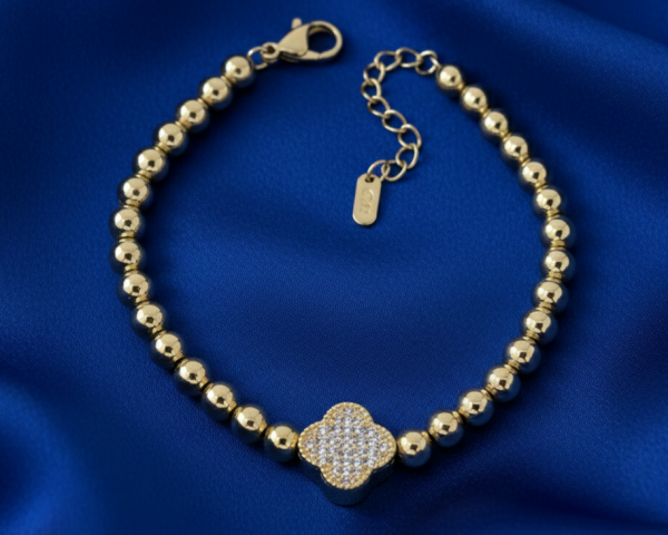 3739 Bransoletka elegancka złota 17+3cm pozłacana 14k cyrkonie koniczyna marokańska