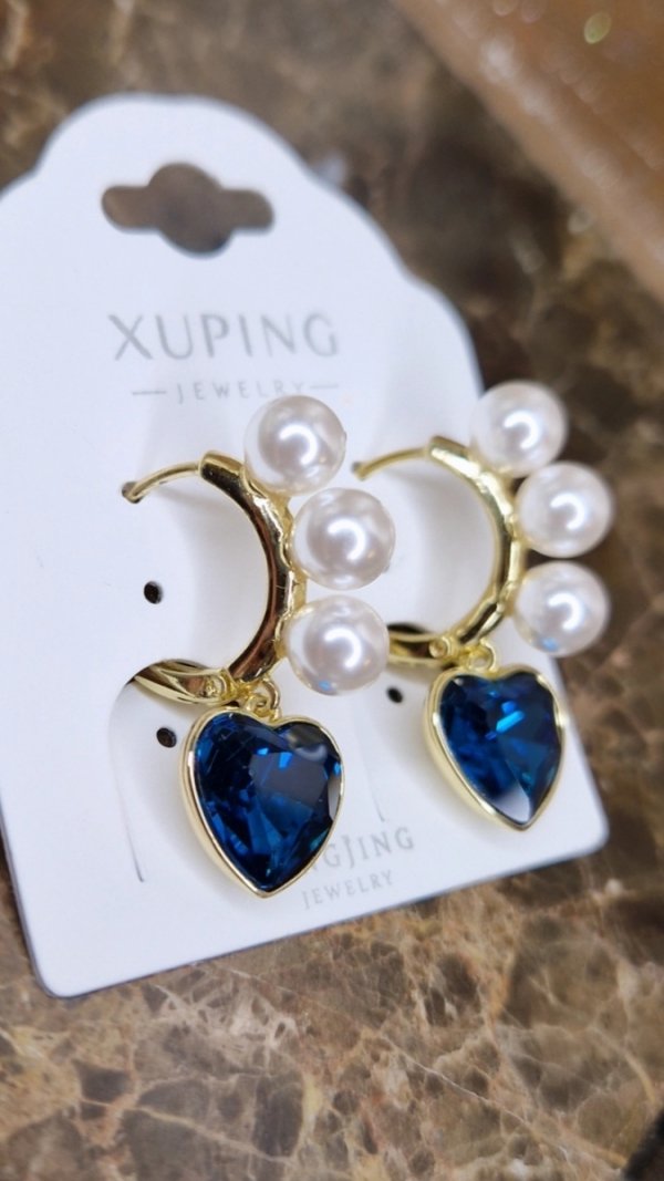 4345 Kolczyki złote pozłacane Austrian Crystal wiszące 14K cyrkonie Xuping serce perły