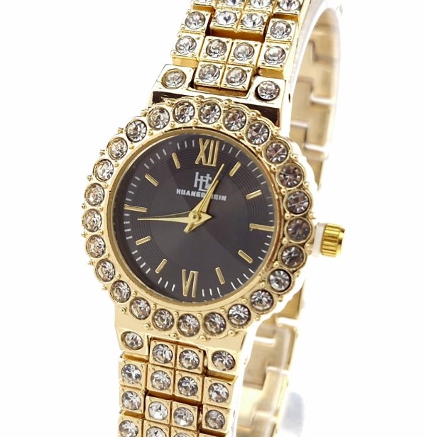 1693 Ekskluzywny damski złoty zegarek błyszczący klasyk cyrkonie