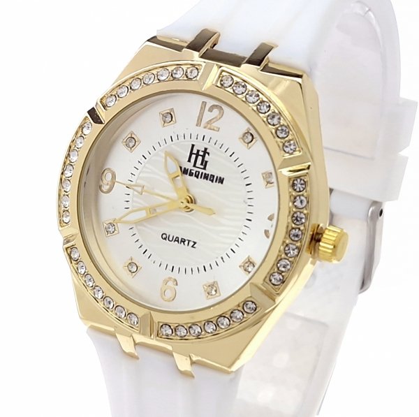 547 Ekskluzywny damski złoty zegarek błyszczący cyrkonie klasyk silikonowy pasek