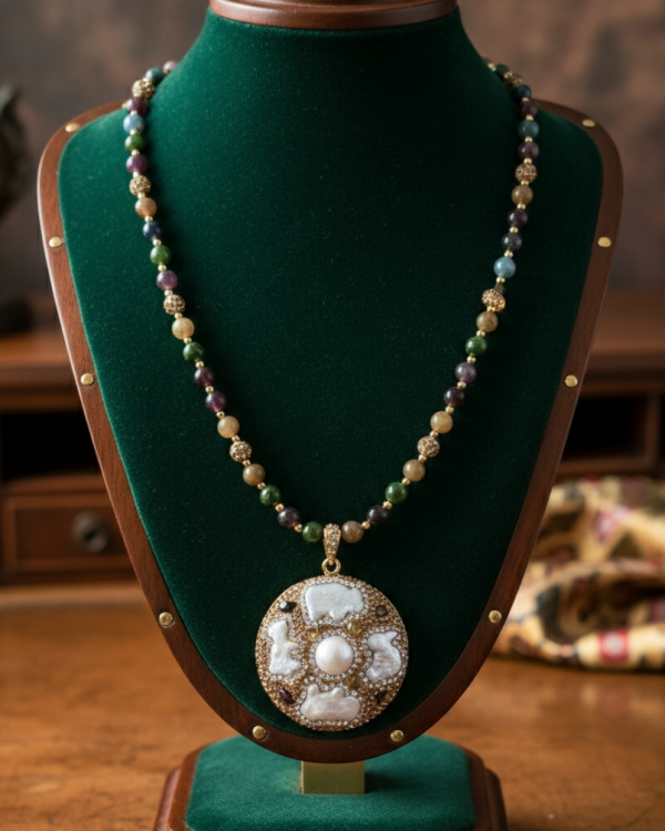 410b Naszyjnik kamienie naturalne turmalin wielobarwny perły 60+5cm pozłacany 14k 