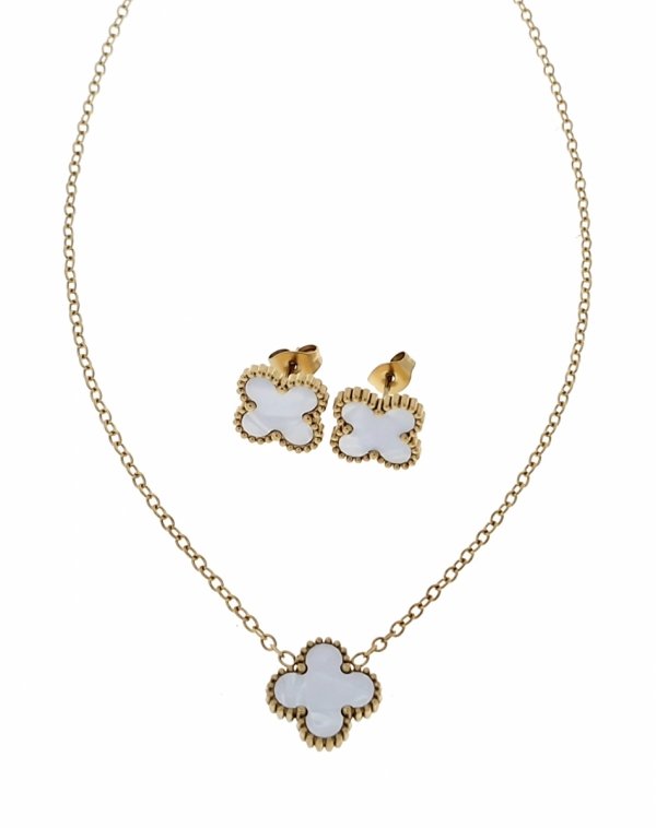 4209 Komplet kolczyki, naszyjnik 40+5cm, pierścionek złoty stal chirurgiczna koniczyna marokańska