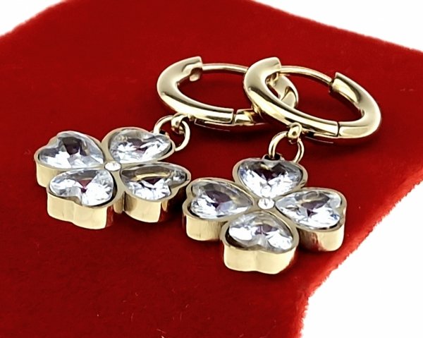 1162a Kolczyki złote pozłacane wiszące 14K cyrkonie Viki Lady koniczynki