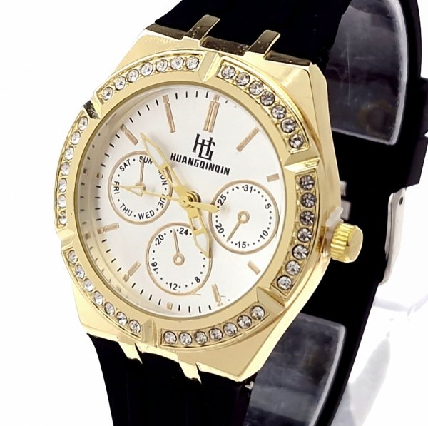 955 Ekskluzywny damski złoty zegarek błyszczący cyrkonie klasyk silikonowy pasek