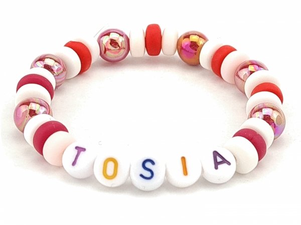 1637a Bransoletka dziecięca Tosia imię z akrylowych i polimerowych koralików