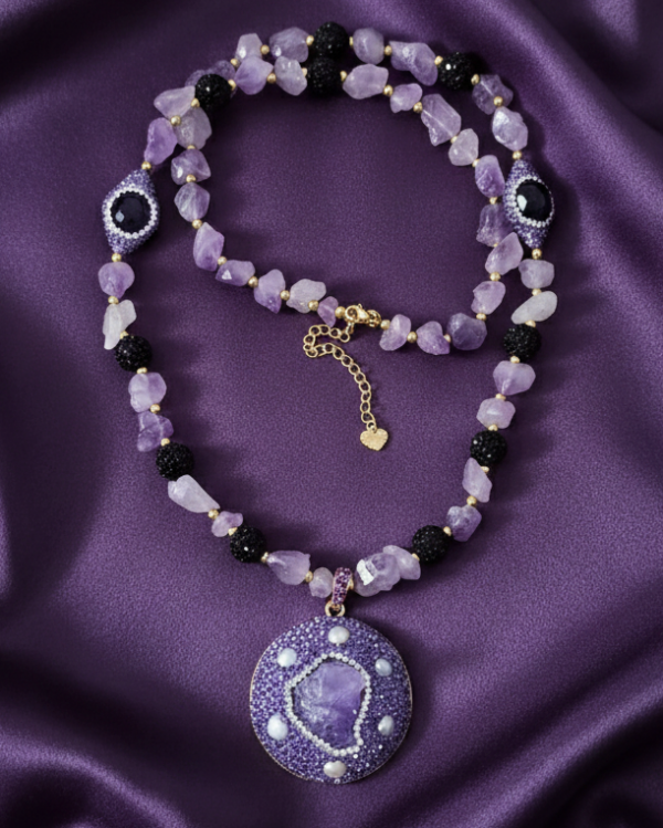 3705 Naszyjnik kamienie naturalne ametyst 60+5cm pozłacany 14k 