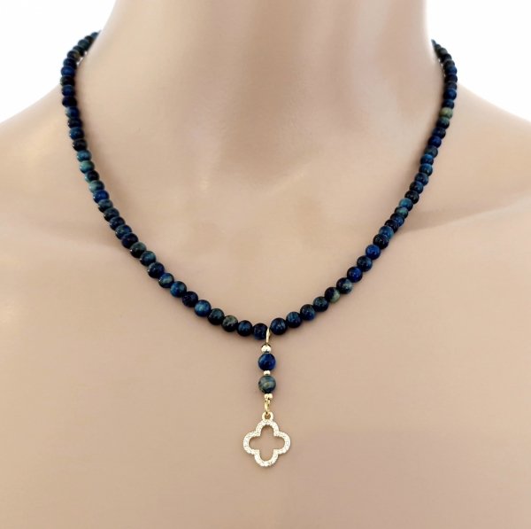 1933h Naszyjnik naturalny kamień niebieskie tygrysie oko 43+5cm stal chirurgiczna 