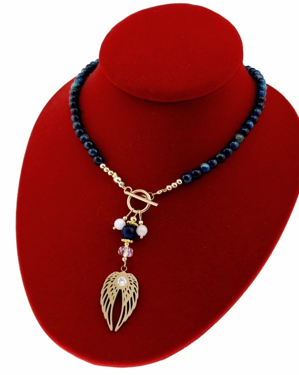 1914b Naszyjnik naturalny kamień niebieskie tygrysie oko 43cm stal chirurgiczna 