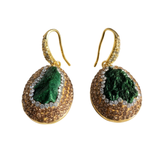 0576 Kolczyki złote pozłacane wiszące 14K malachit kamień naturalny