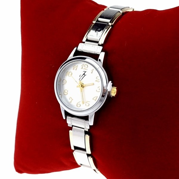 4793 Zegarek srebrno złoty modułowy stal nierdzewna na gumce rozciągliwy 