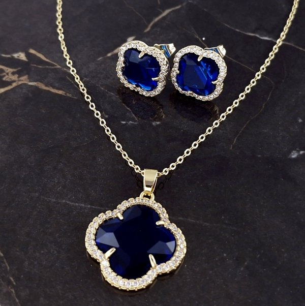 op349 Komplet złoty pozłacany 14k kolczyki, łańcuszek 45+5cm koniczyna marokańska