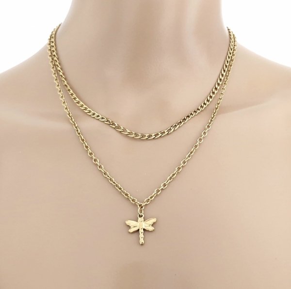 4078 Złoty łańcuszek podwójny naszyjnik 40-45+5cm stal chirurgiczna 316L ważka