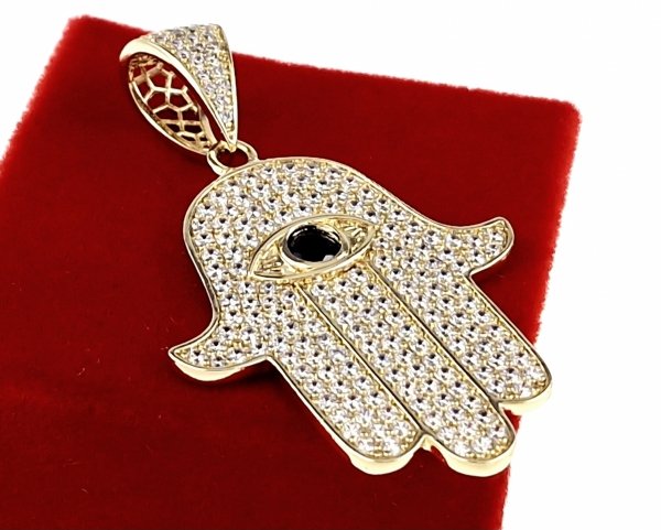 605d Złota zawieszka cyrkonie błyszcząca pozłacana 14k Xuping ręka Fatimy