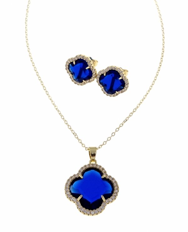 op349 Komplet złoty pozłacany 14k kolczyki, łańcuszek 45+5cm koniczyna marokańska